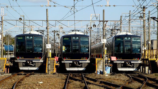 Takatsuki, looking at 3 sets of 321 Series towards Kyoto