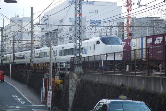 Haruka passing freight at Kyoto