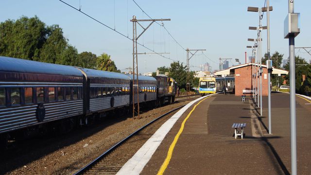 The Overland passes a ComEng at Middle Footscray